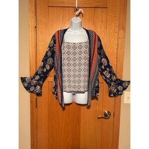 Fig and Flower Anthropologie Boho Floral Bell Sleeve Open Front Cardigan Medium